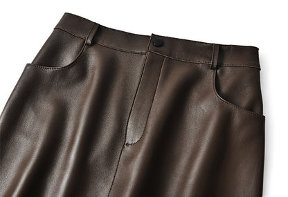 Women’s Sheepskin Midi Leather Skirt with Front Slit