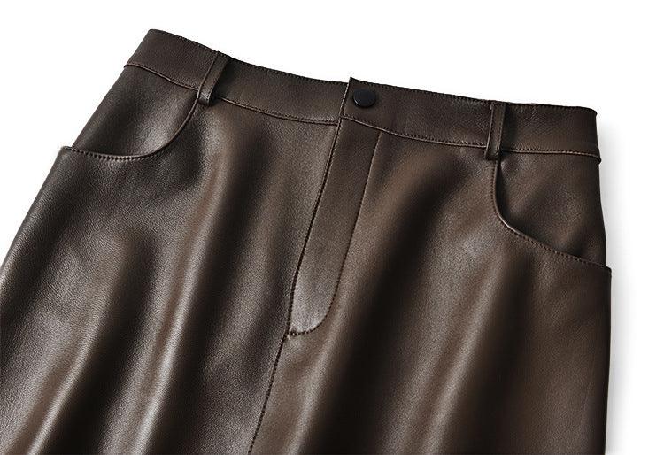 High waisted midi leather skirt with front slit and pockets