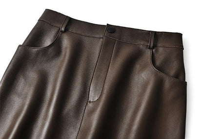 High waisted midi leather skirt with front slit and pockets