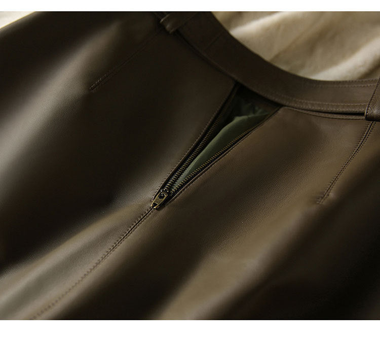 Olive Green Sheepskin Mid Length Leather Skirt with Belt and Slit
