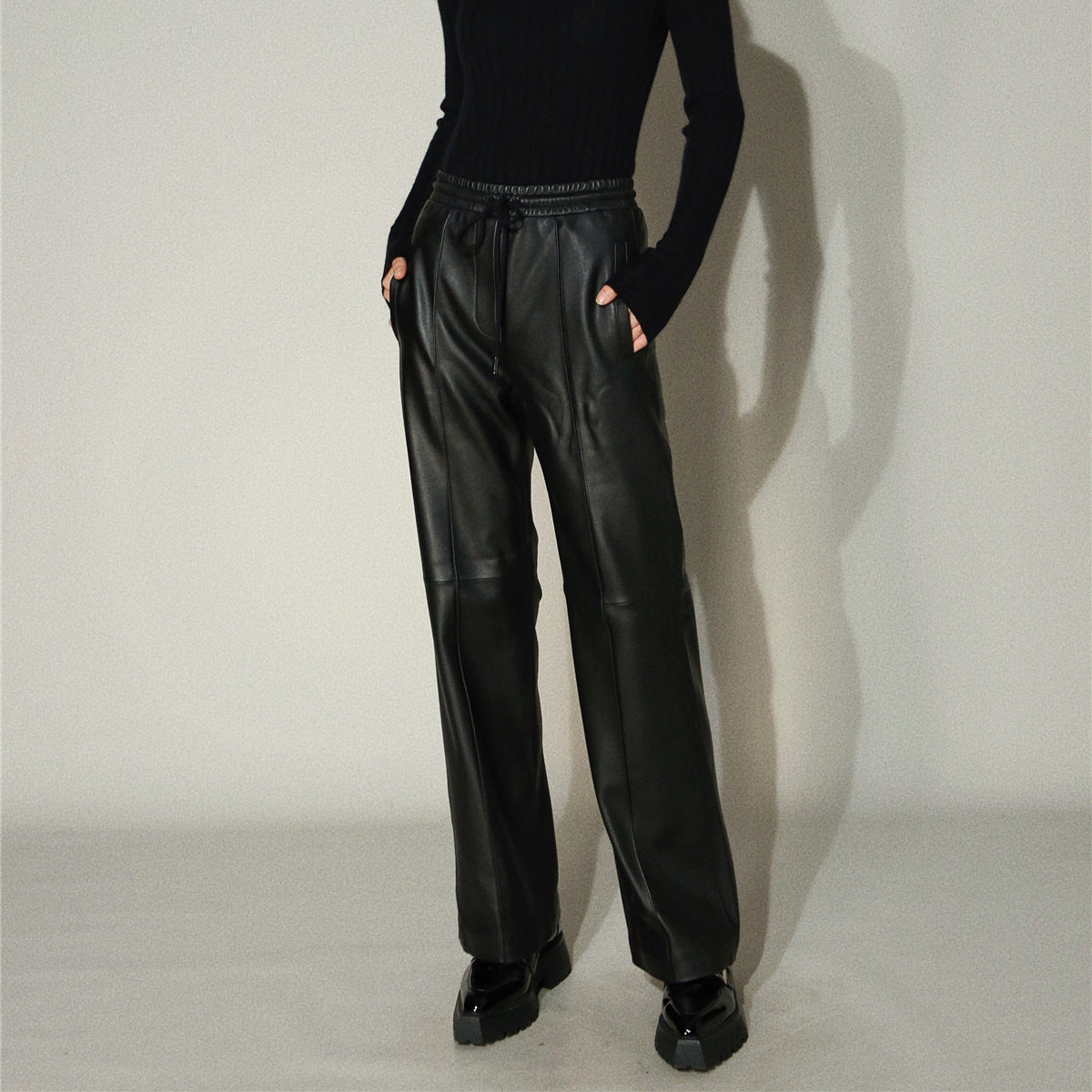 Women’s Genuine Leather Trousers High Waisted Wide Leg Pants