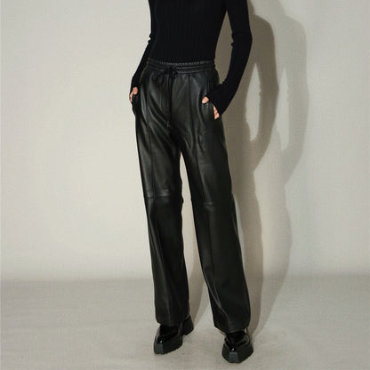 Women’s Genuine Leather Trousers High Waisted Wide Leg Pants