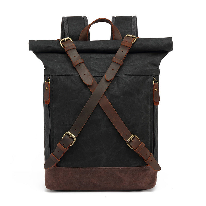 Waxed Canvas Backpack with Genuine Leather and Roll Top Design