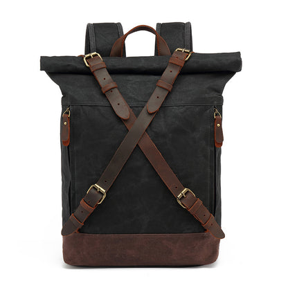 Waxed Canvas Backpack with Genuine Leather and Roll Top Design