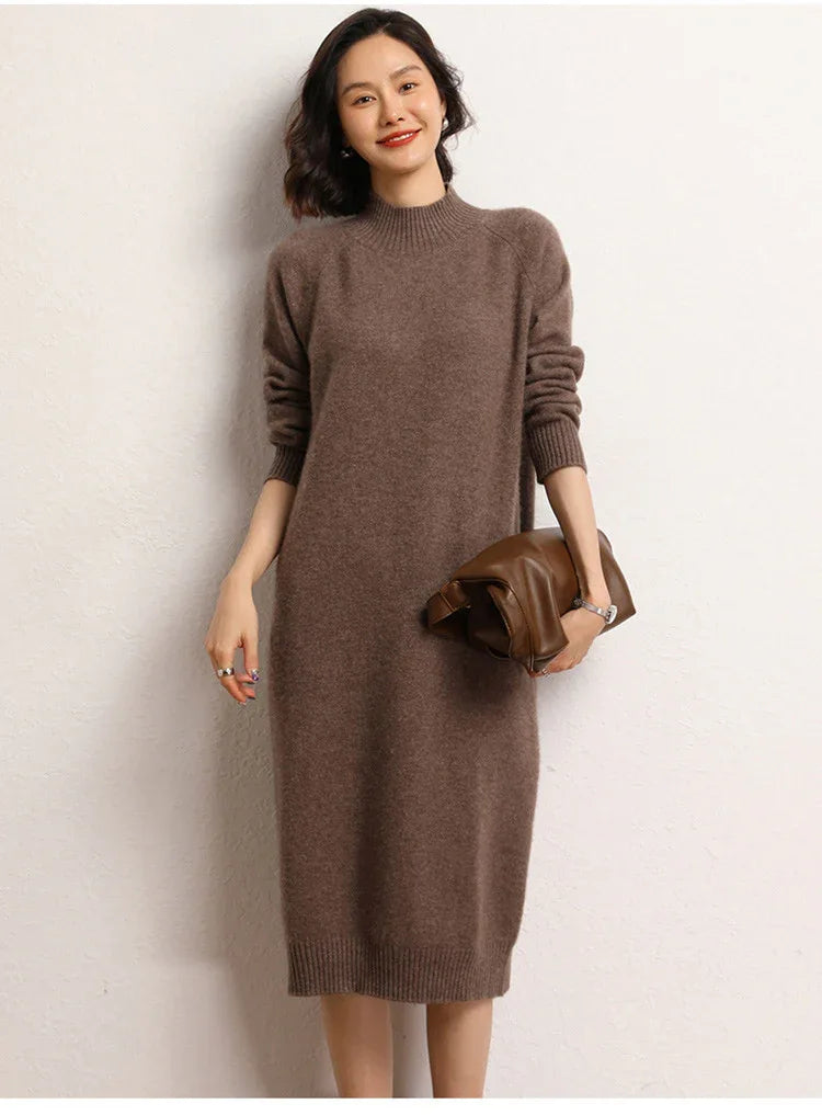 Women Cashmere Turtleneck Midi Knit Dress