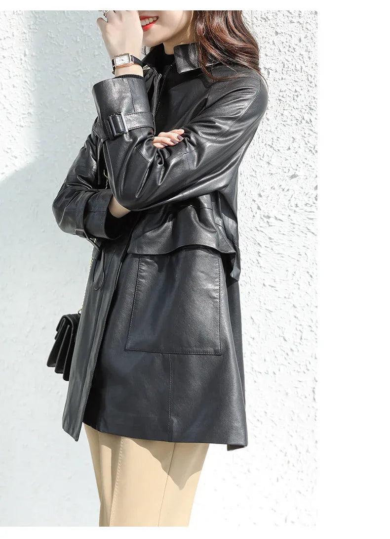 Women belt waist midi leather trench - Boho Living Room