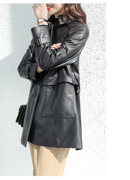 Women belt waist midi leather trench - Boho Living Room