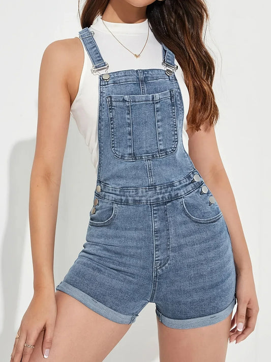Boho denim overalls for women with rolled hem shorts