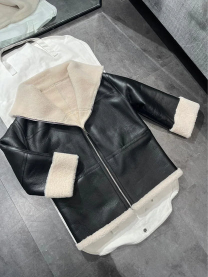Women Genuine Leather Jacket with Real Fur Bomber Style