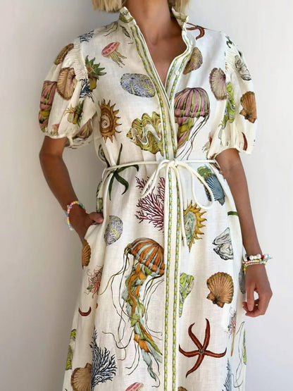 Sea print linen summer maxi dress for women