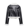 Cropped Faux Leather Bomber Jacket Women with Faux Fur Collar