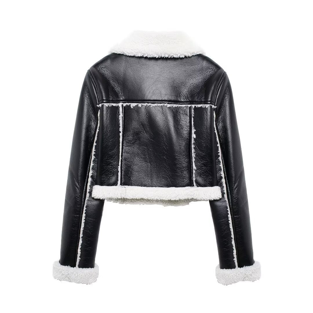 Cropped Faux Leather Bomber Jacket Women with Faux Fur Collar