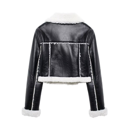 Cropped Faux Leather Bomber Jacket Women with Faux Fur Collar