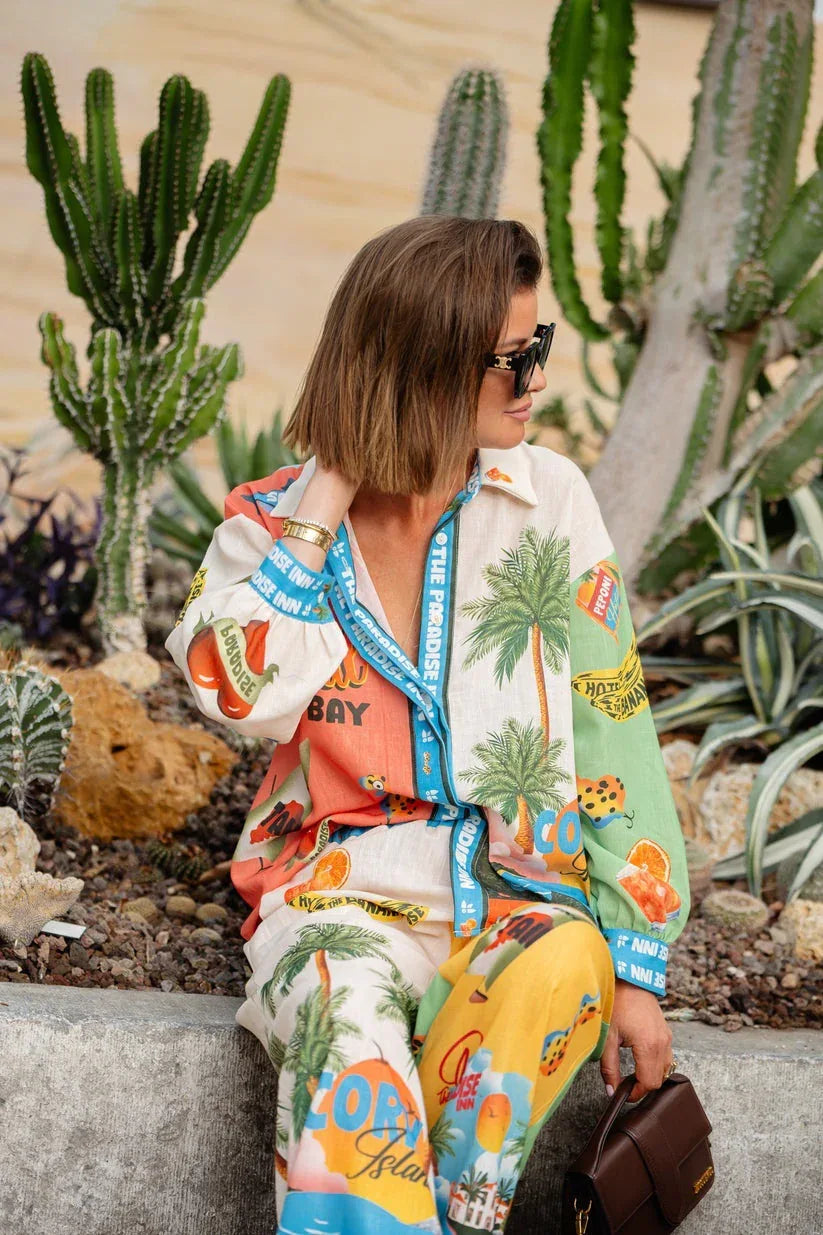 Printed macaron linen long sleeve two piece set