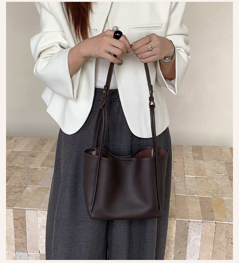 Women Soft Top Grain Leather Bucket Bag