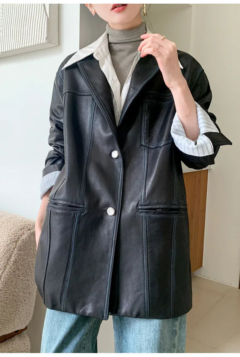 Women Oversized Genuine Leather Jacket Moto Blazer