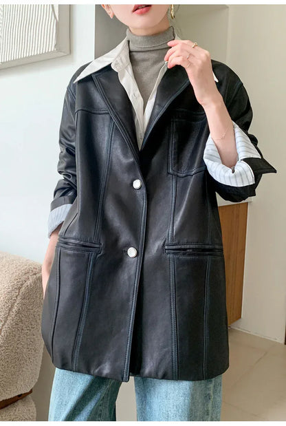 Women Oversized Genuine Leather Jacket Moto Blazer