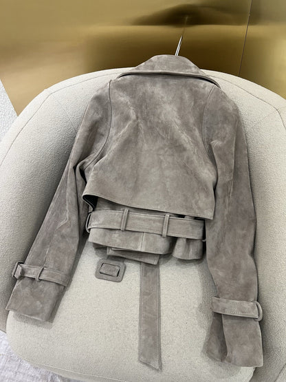 Women Suede Leather Short Trench Coat Maillard