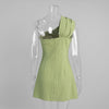 Women’s Green One Shoulder Knot Front Mini Dress