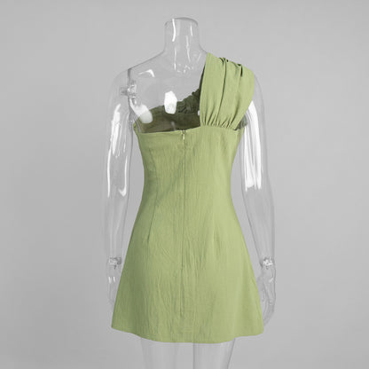 Women’s Green One Shoulder Knot Front Mini Dress