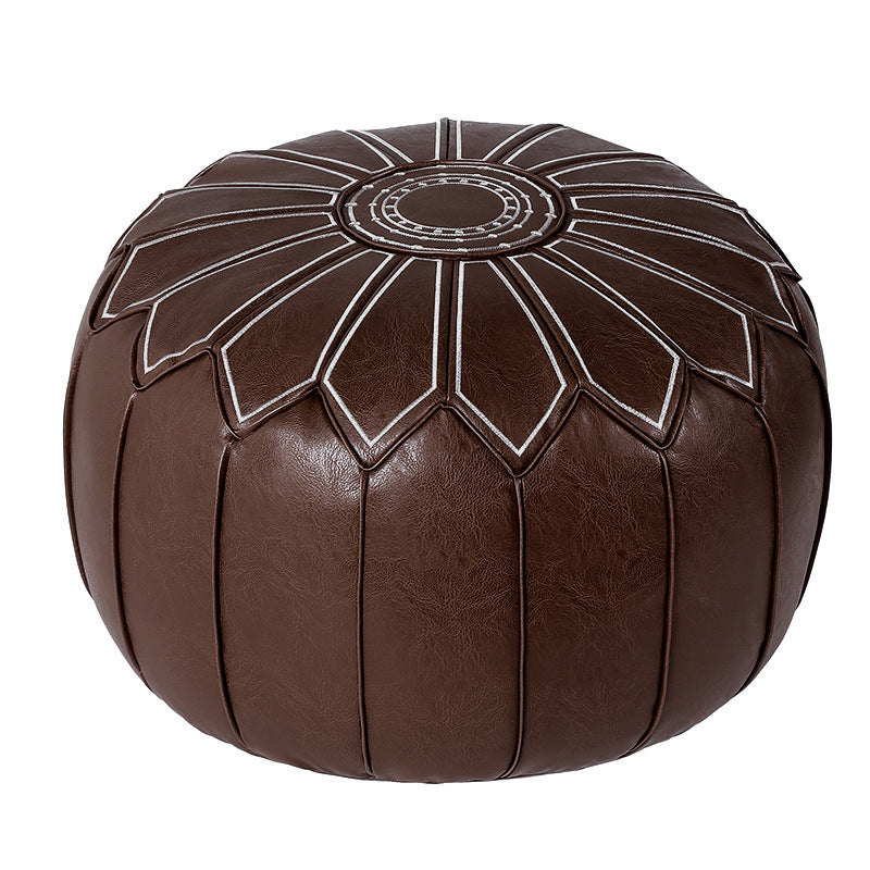 Round Faux Leather Pouf Ottoman Cover with Pumpkin Stitching