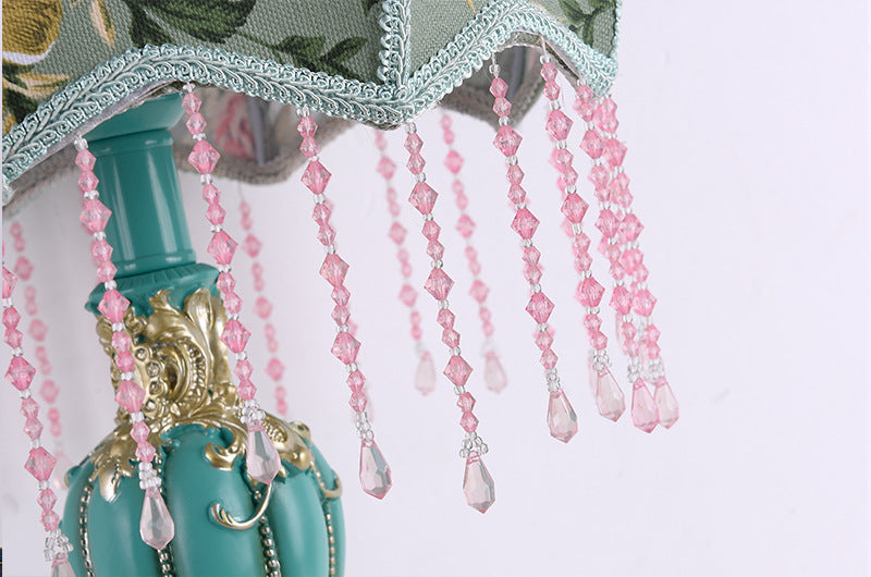 Floral victorian green fabric beaded table lamp