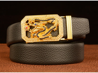Men’s Cowhide Leather Belt with Rhinestone Dragon Buckle