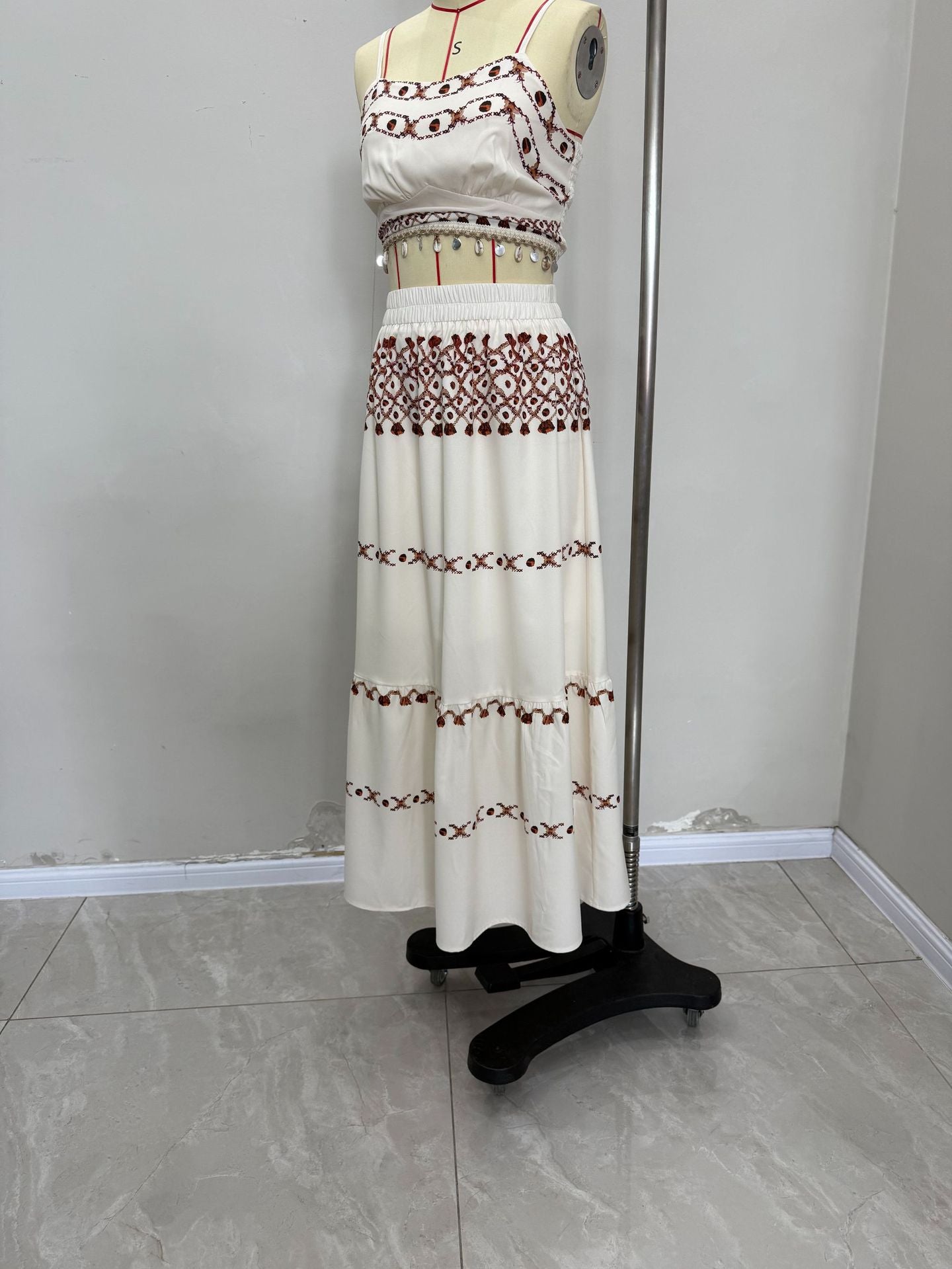 Bohemian Two-Piece Tassel Embroidered Crop Top & Maxi Skirt