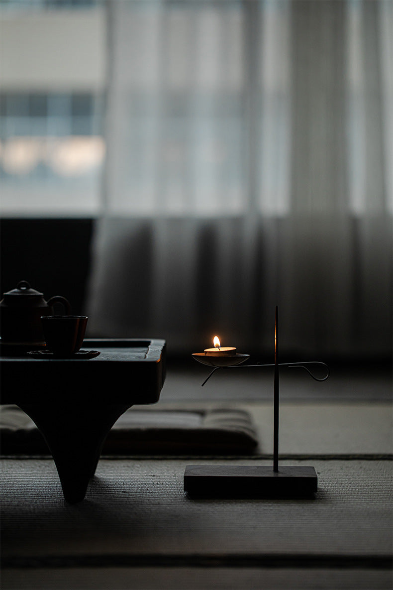 Black Wrought Iron Tea Light Candle Holder with Wooden Base