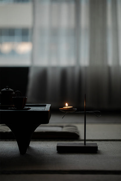 Black Wrought Iron Tea Light Candle Holder with Wooden Base