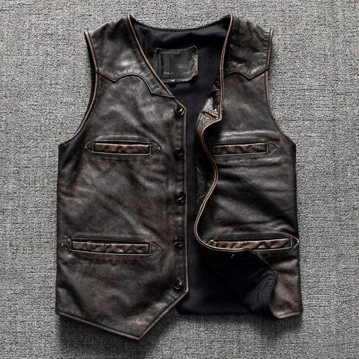 Distressed leather motorcycle riding vest for men big size