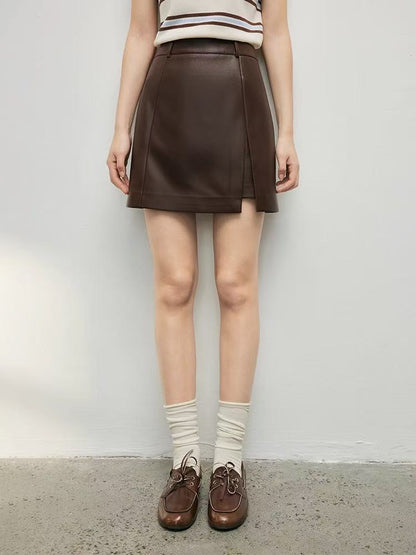 Genuine Leather Mini Skirt High Waist A-Line with Slit
