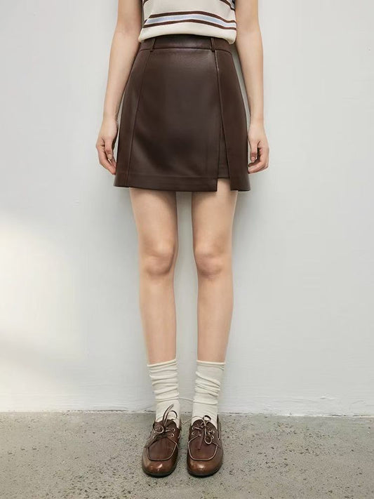high waisted a-line mini leather skirt with front slit