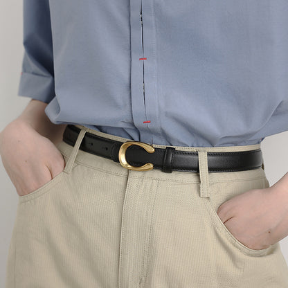 Women’s Black Leather Belt with Slim Gold C Buckle