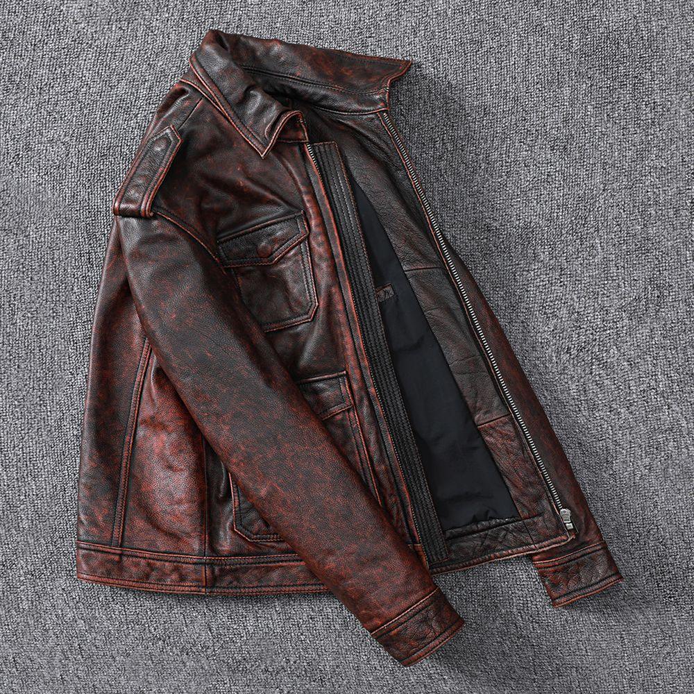 Men’s Distressed Oil Wax Leather Jacket Slim Fit