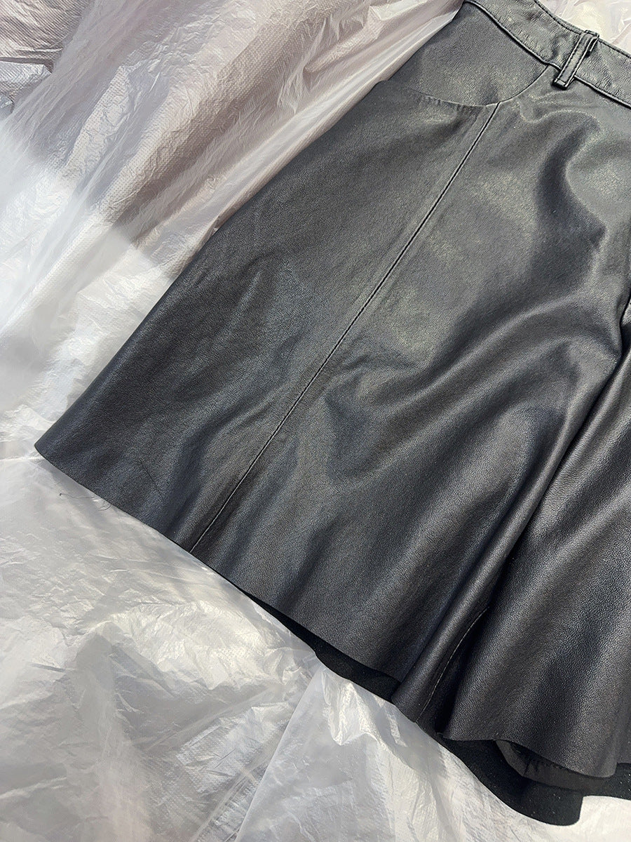 Black Leather Wide-Leg Shorts High Waist Women Shorts