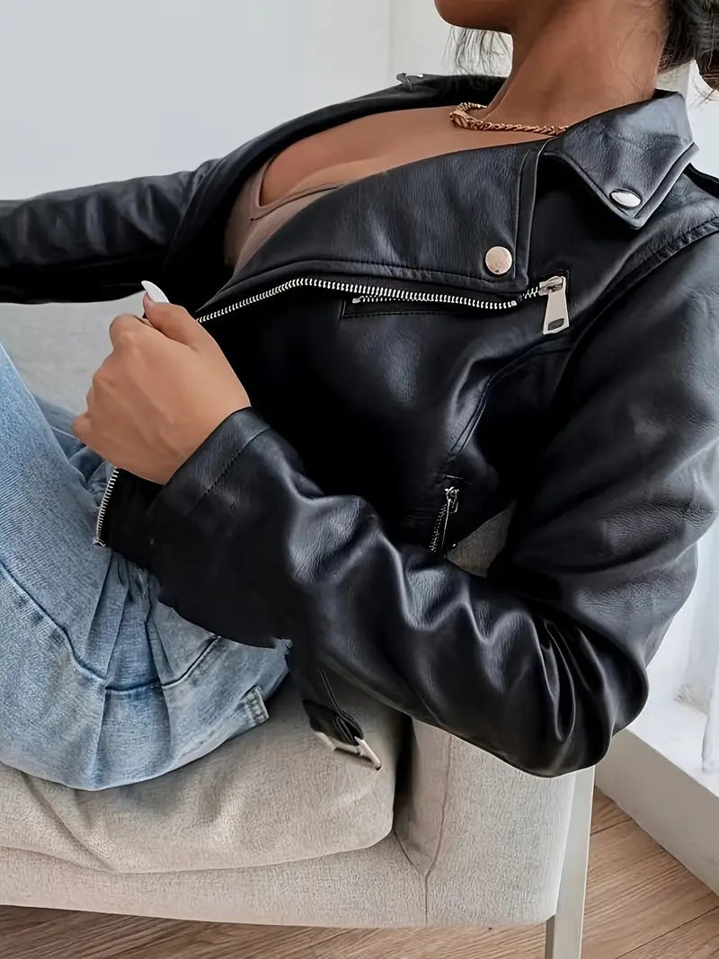 Black Faux Leather Biker Cropped Jacket for Women