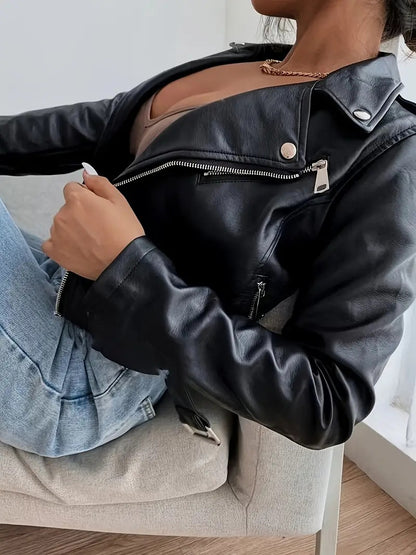 Black Faux Leather Biker Cropped Jacket for Women