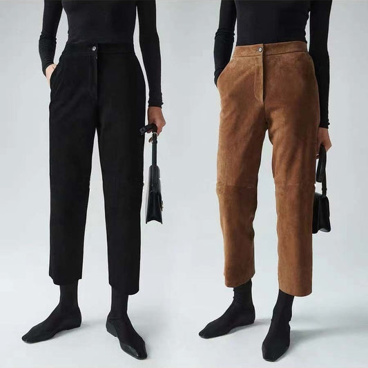Genuine Suede Pants for Women High Waist Nine-Point Trousers