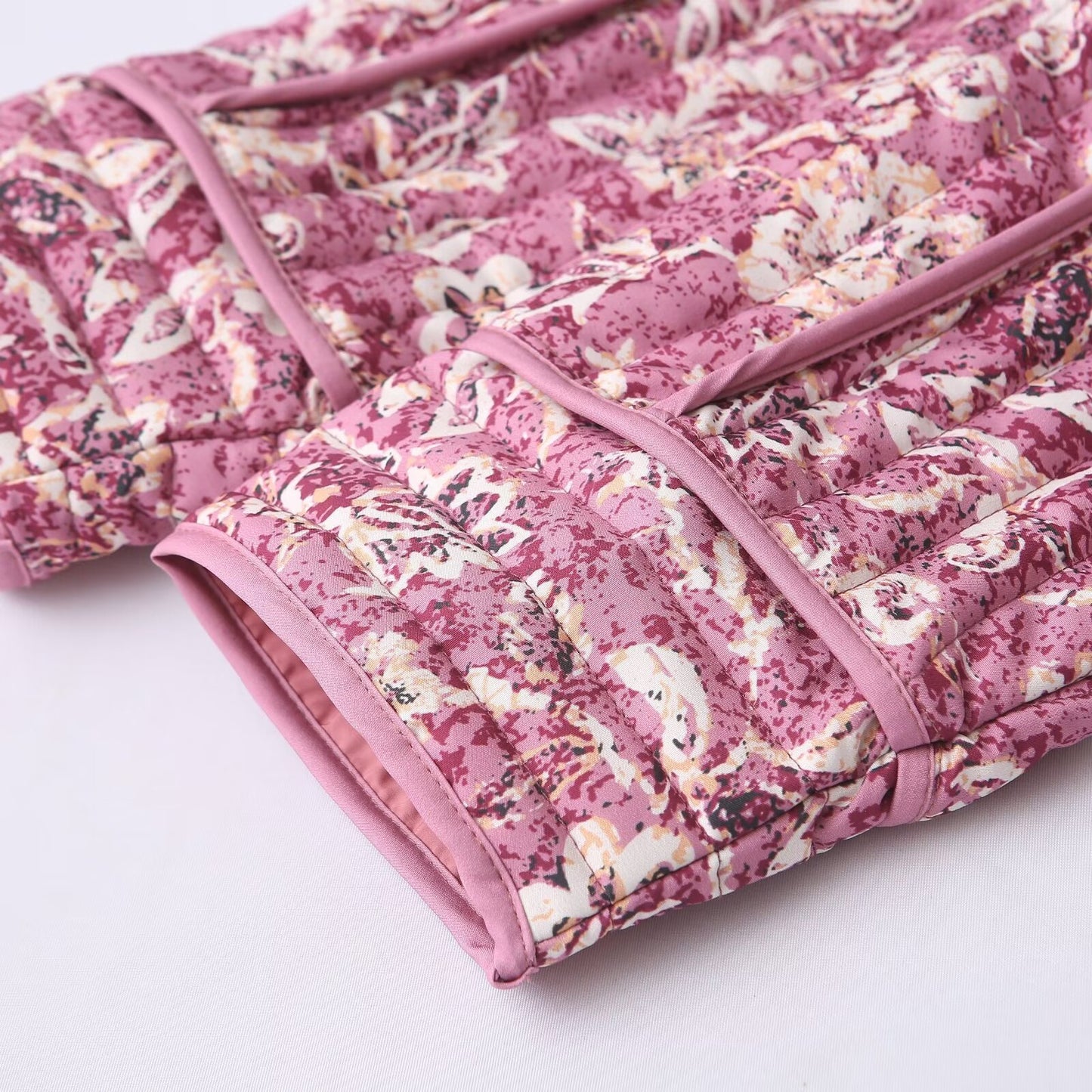 Women Floral Quilted Cotton Jacket Round Neck