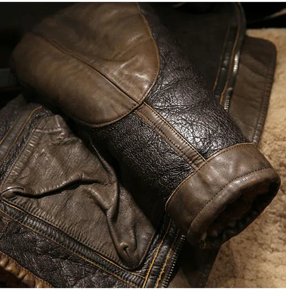 Men Shearling Bomber Leather Jacket With Wool Lining