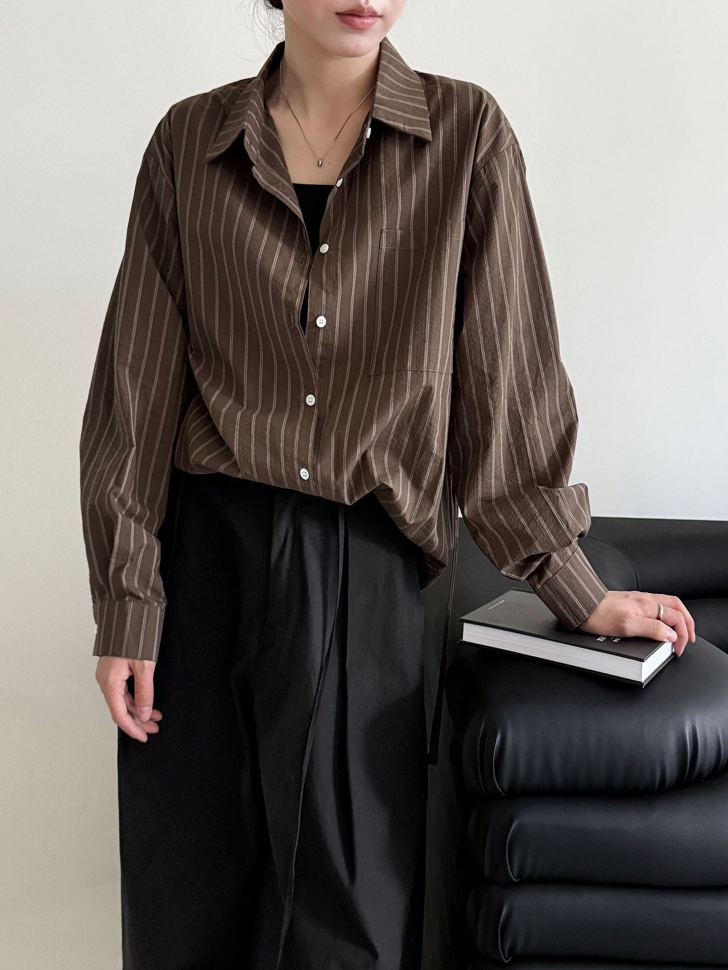 Cotton Striped Print Shoulder Shirt Blouse