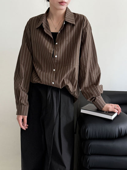 Cotton Striped Print Shoulder Shirt Blouse