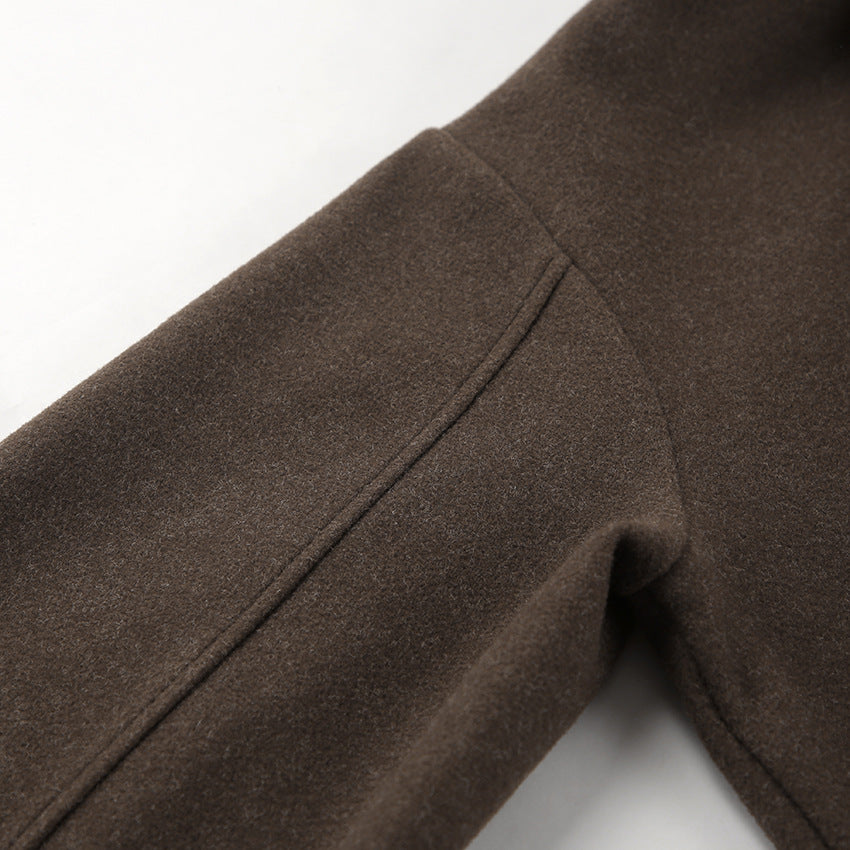 Women Brown Lapel Wool Coat Cropped Loose Fit Zipper Jacket