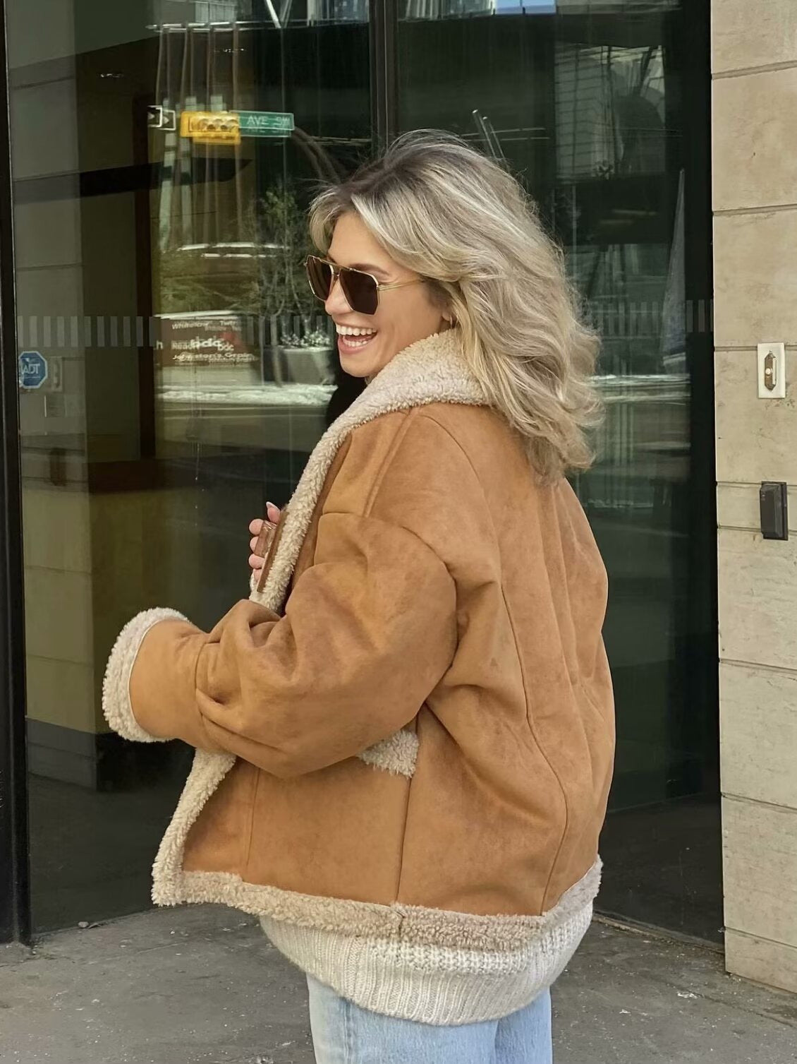 Retro camel shearling lapel winter coat women 1 S