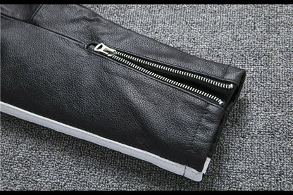 Men’s Genuine Leather Biker Jacket with Racing Stripes