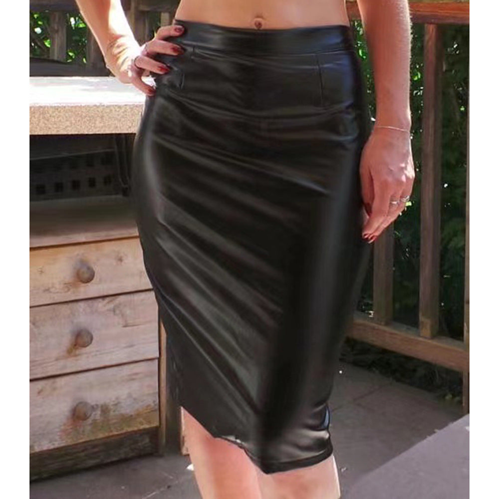 Black Faux Leather Pencil Skirt with Back Zipper