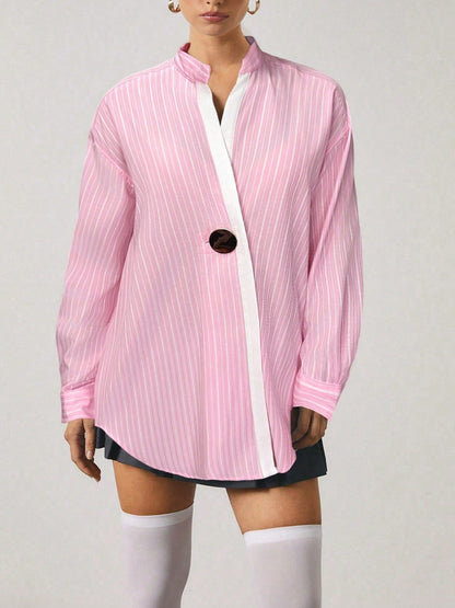 Classic Striped Drop Shoulder Shirts For Ladies