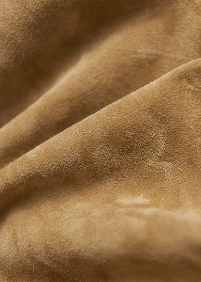 Tan Real Suede Leather Jacket for Women with Drawstring Hem