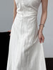 White flutter sleeve linen maxi dress with open back waist fit